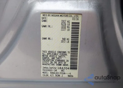 2016 Nissan Altima 2.5 Sr из США, поврежденный, VIN 1N4AL3AP2GC184204